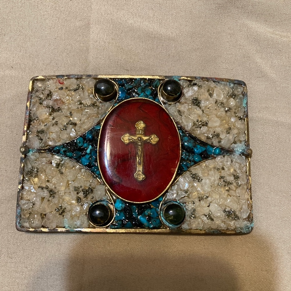 Virgin Saints & Angels belt buckle with blk. Leather, lightly worn